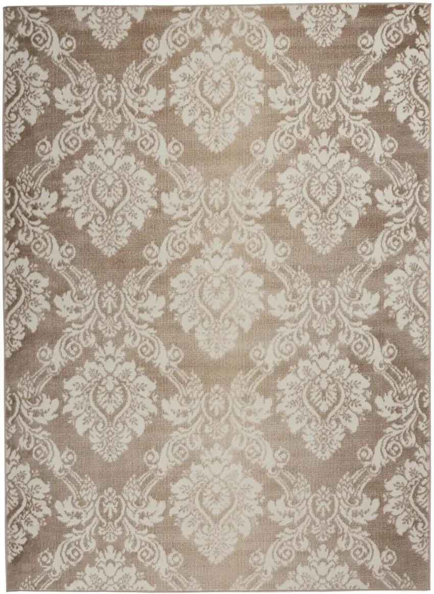 Taupe and Ivory Damask Distressed Non Skid Area Rug Photo 9