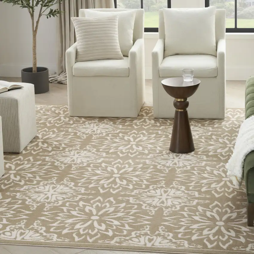 Taupe and Ivory Floral Medallion Non Skid Area Rug Photo 4