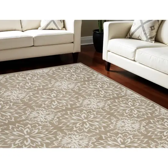 Taupe and Ivory Floral Non Skid Area Rug Photo 2