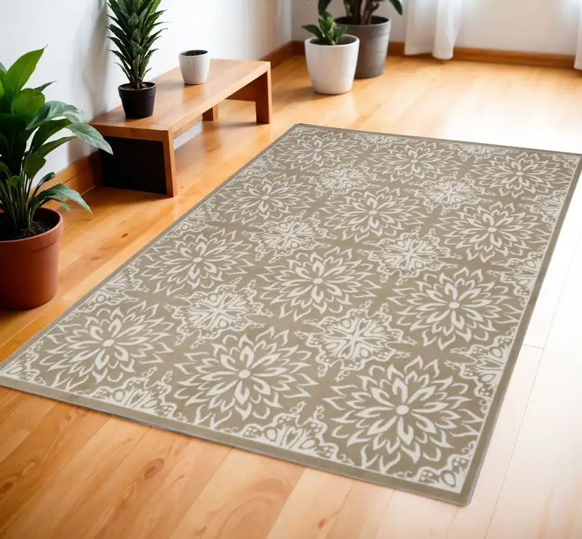 Taupe and Ivory Floral Non Skid Area Rug Photo 1