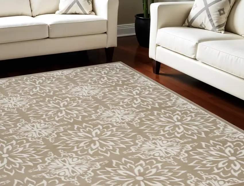 Taupe and Ivory Floral Non Skid Area Rug Photo 1