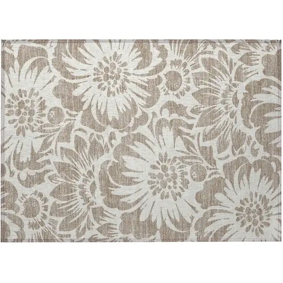 Taupe and Ivory Floral Washable Non Skid Indoor Outdoor Area Rug Photo 4