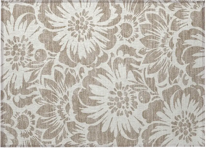 Taupe and Ivory Floral Washable Non Skid Indoor Outdoor Area Rug Photo 4