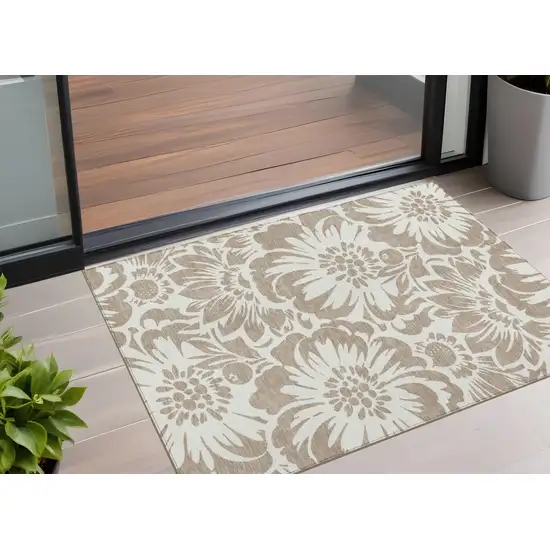 Taupe and Ivory Floral Washable Non Skid Indoor Outdoor Area Rug Photo 1