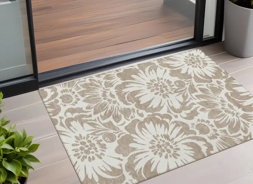 Taupe and Ivory Floral Washable Non Skid Indoor Outdoor Area Rug Photo 1