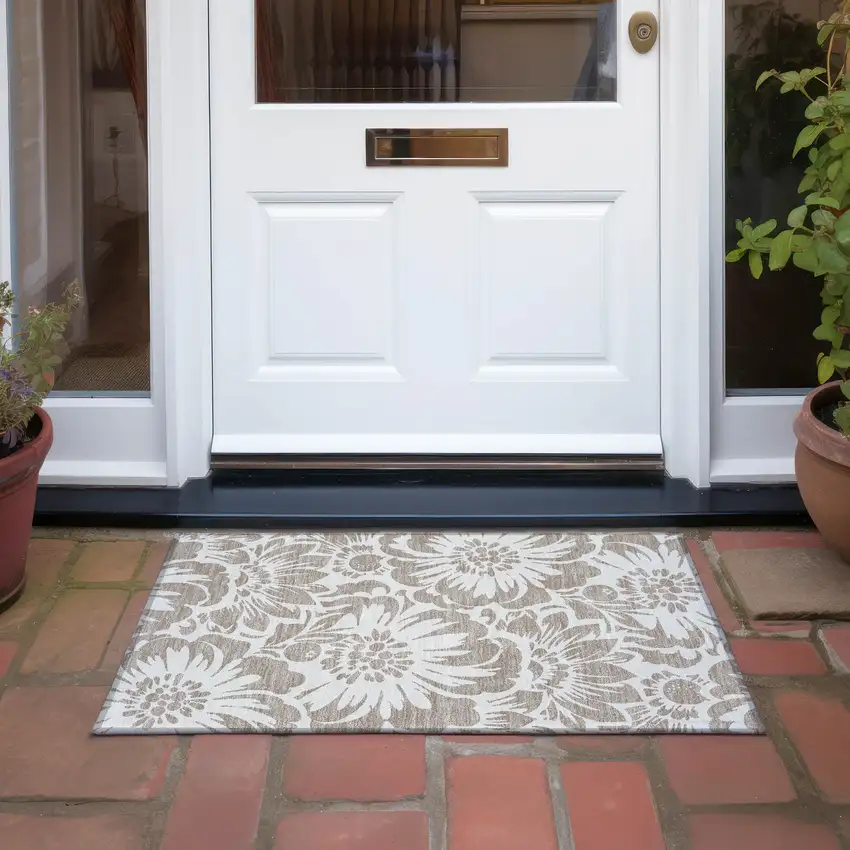 Taupe and Ivory Floral Washable Non Skid Indoor Outdoor Area Rug Photo 8