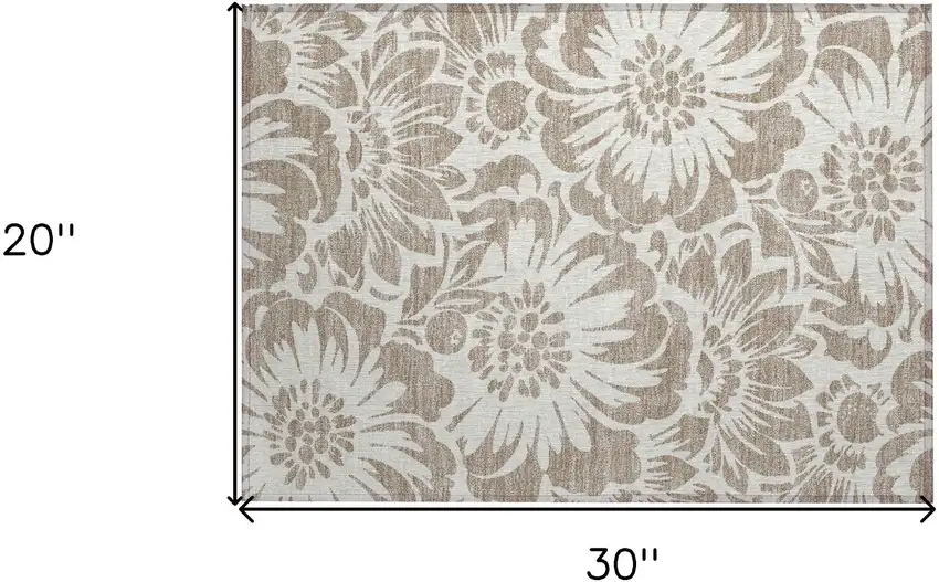 Taupe and Ivory Floral Washable Non Skid Indoor Outdoor Area Rug Photo 3