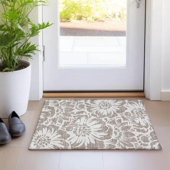 Taupe and Ivory Floral Washable Non Skid Indoor Outdoor Area Rug Photo 9