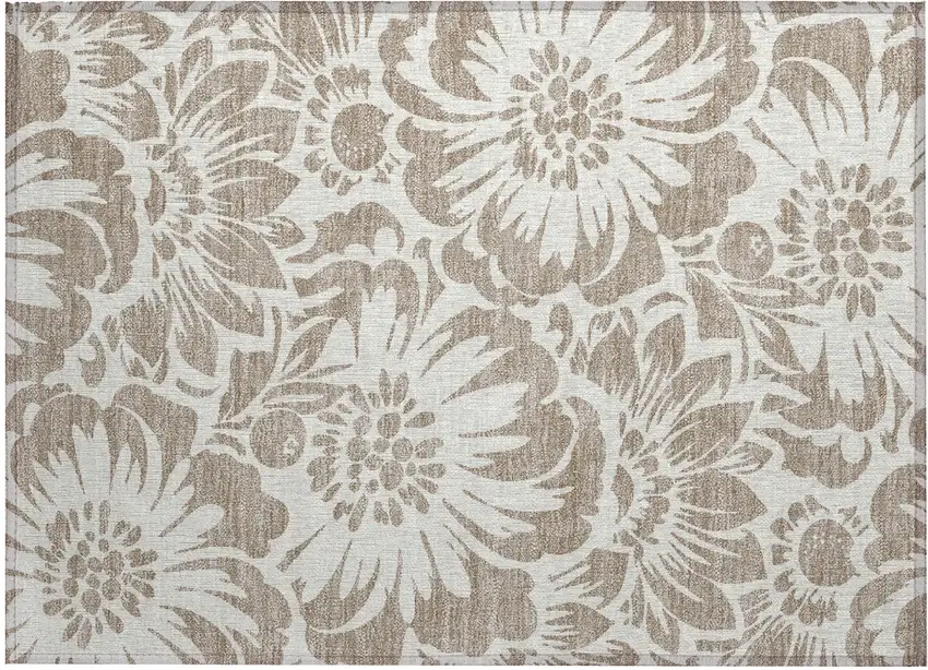 Taupe and Ivory Floral Washable Non Skid Indoor Outdoor Area Rug Photo 2