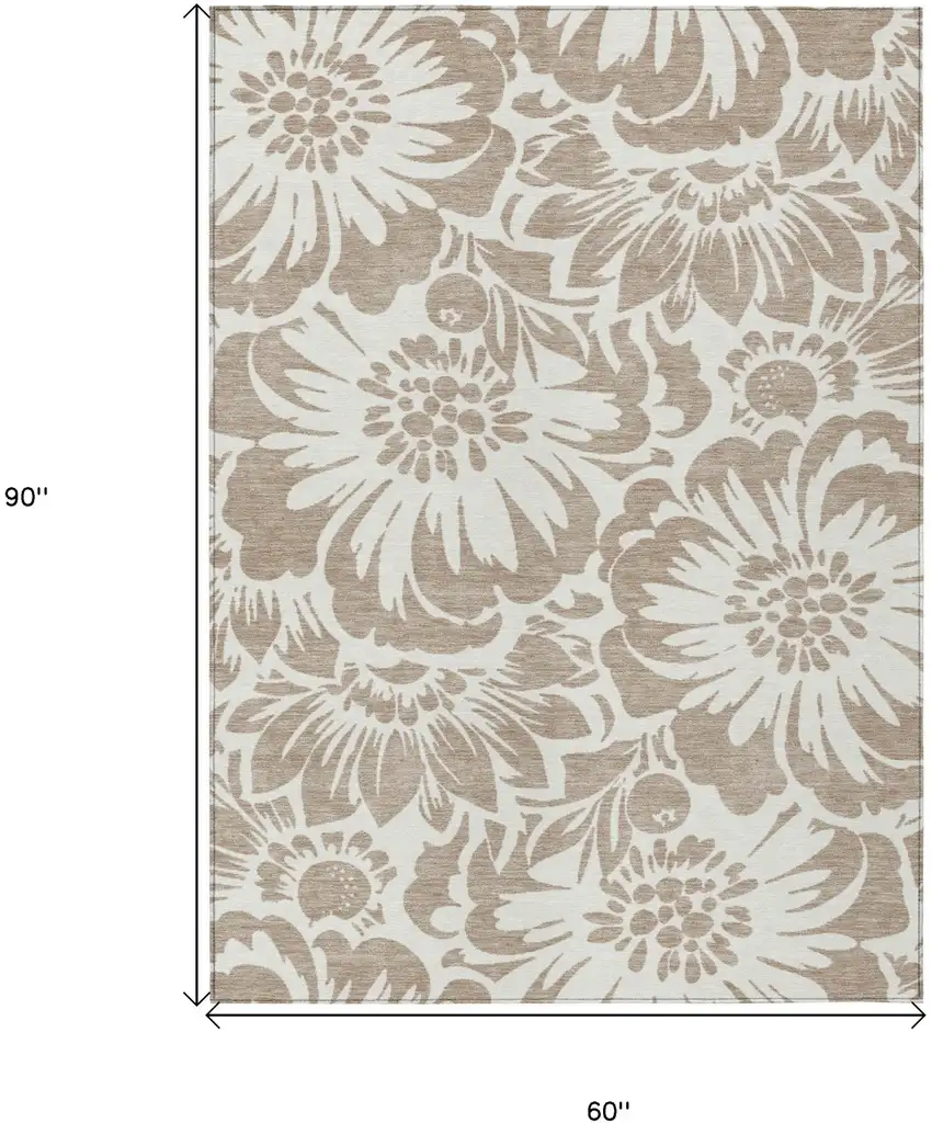 Taupe and Ivory Floral Washable Non Skid Indoor Outdoor Area Rug Photo 3