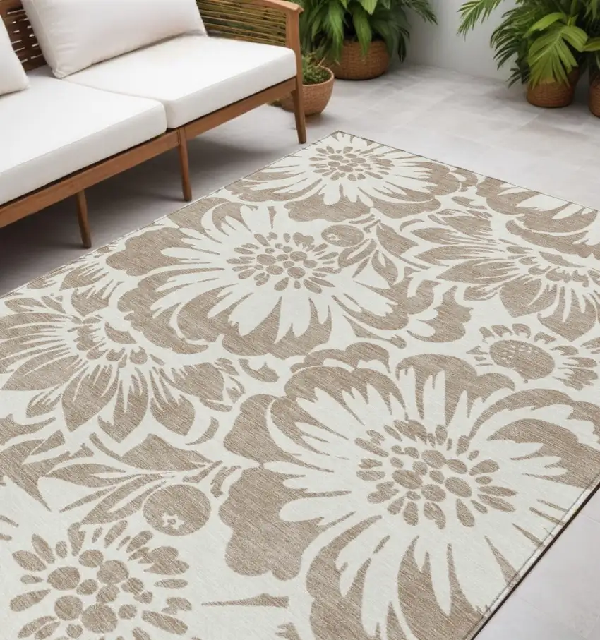 Taupe and Ivory Floral Washable Non Skid Indoor Outdoor Area Rug Photo 1