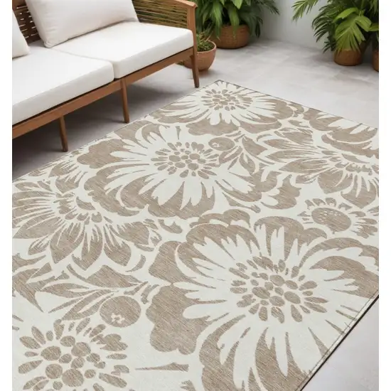 Taupe and Ivory Floral Washable Non Skid Indoor Outdoor Area Rug Photo 1