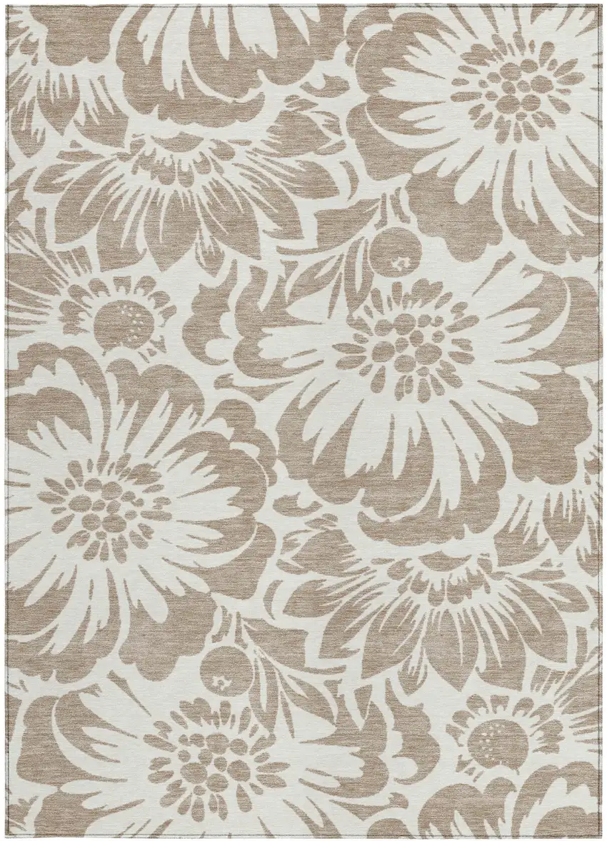 Taupe and Ivory Floral Washable Non Skid Indoor Outdoor Area Rug Photo 3