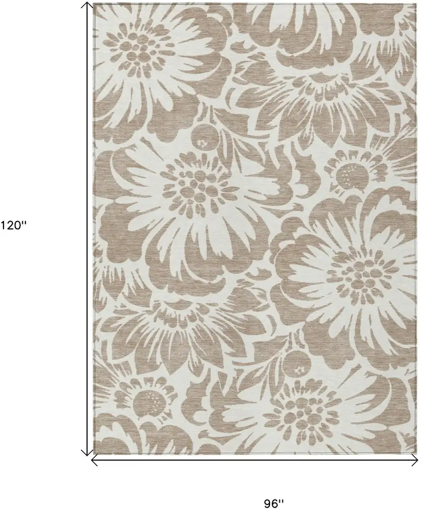 Taupe and Ivory Floral Washable Non Skid Indoor Outdoor Area Rug Photo 3