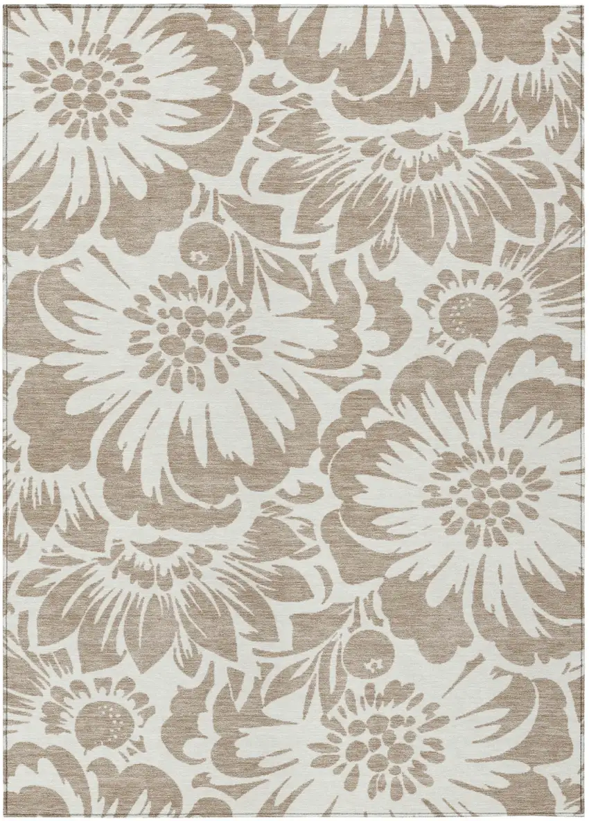 Taupe and Ivory Floral Washable Non Skid Indoor Outdoor Area Rug Photo 2