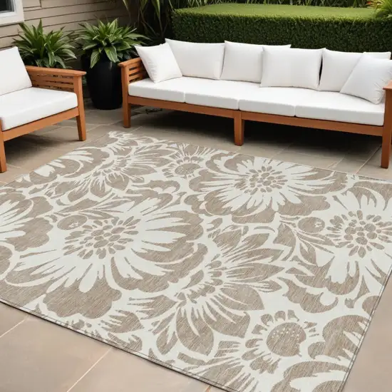 Taupe and Ivory Floral Washable Non Skid Indoor Outdoor Area Rug Photo 1