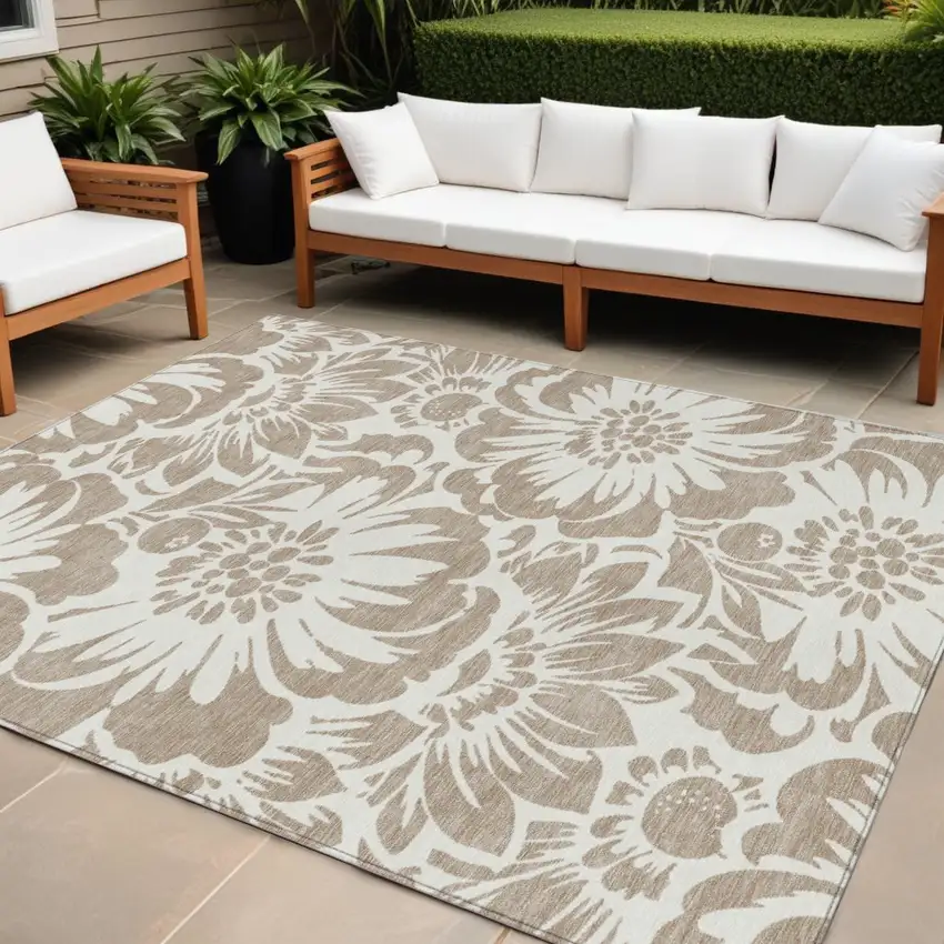 Taupe and Ivory Floral Washable Non Skid Indoor Outdoor Area Rug Photo 1