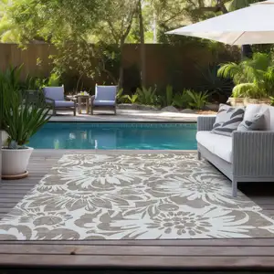 Photo of Taupe and Ivory Floral Washable Non Skid Indoor Outdoor Area Rug