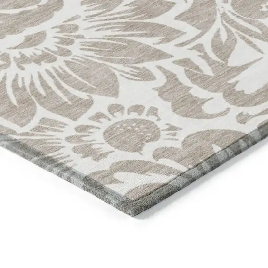 Taupe and Ivory Floral Washable Non Skid Indoor Outdoor Area Rug Photo 5