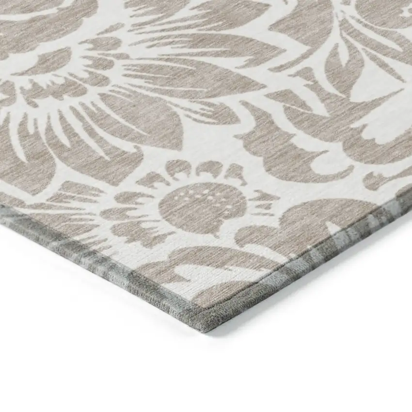 Taupe and Ivory Floral Washable Non Skid Indoor Outdoor Area Rug Photo 5