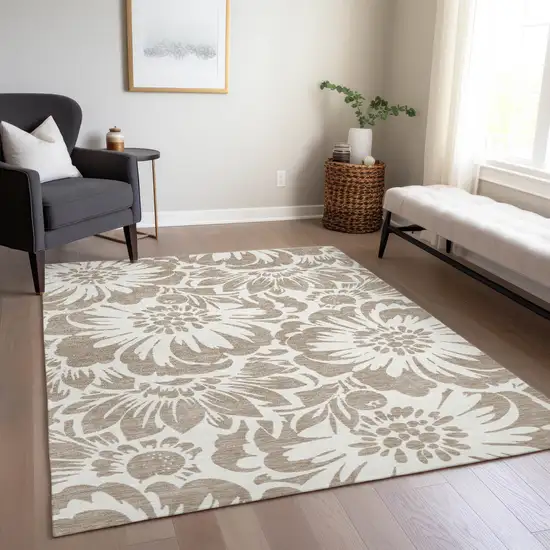 Taupe and Ivory Floral Washable Non Skid Indoor Outdoor Area Rug Photo 8