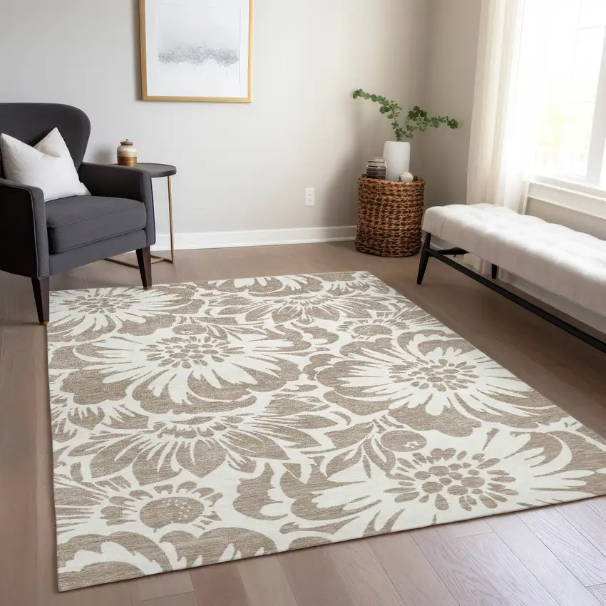 Taupe and Ivory Floral Washable Non Skid Indoor Outdoor Area Rug Photo 8
