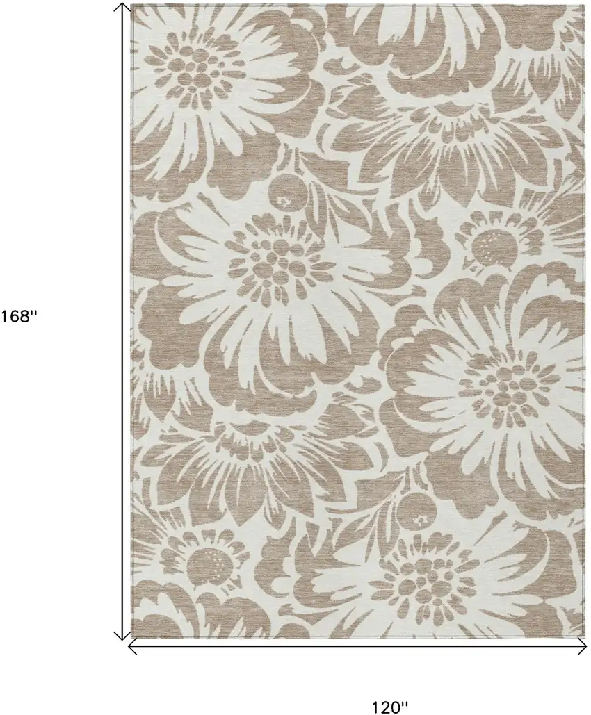 Taupe and Ivory Floral Washable Non Skid Indoor Outdoor Area Rug Photo 3