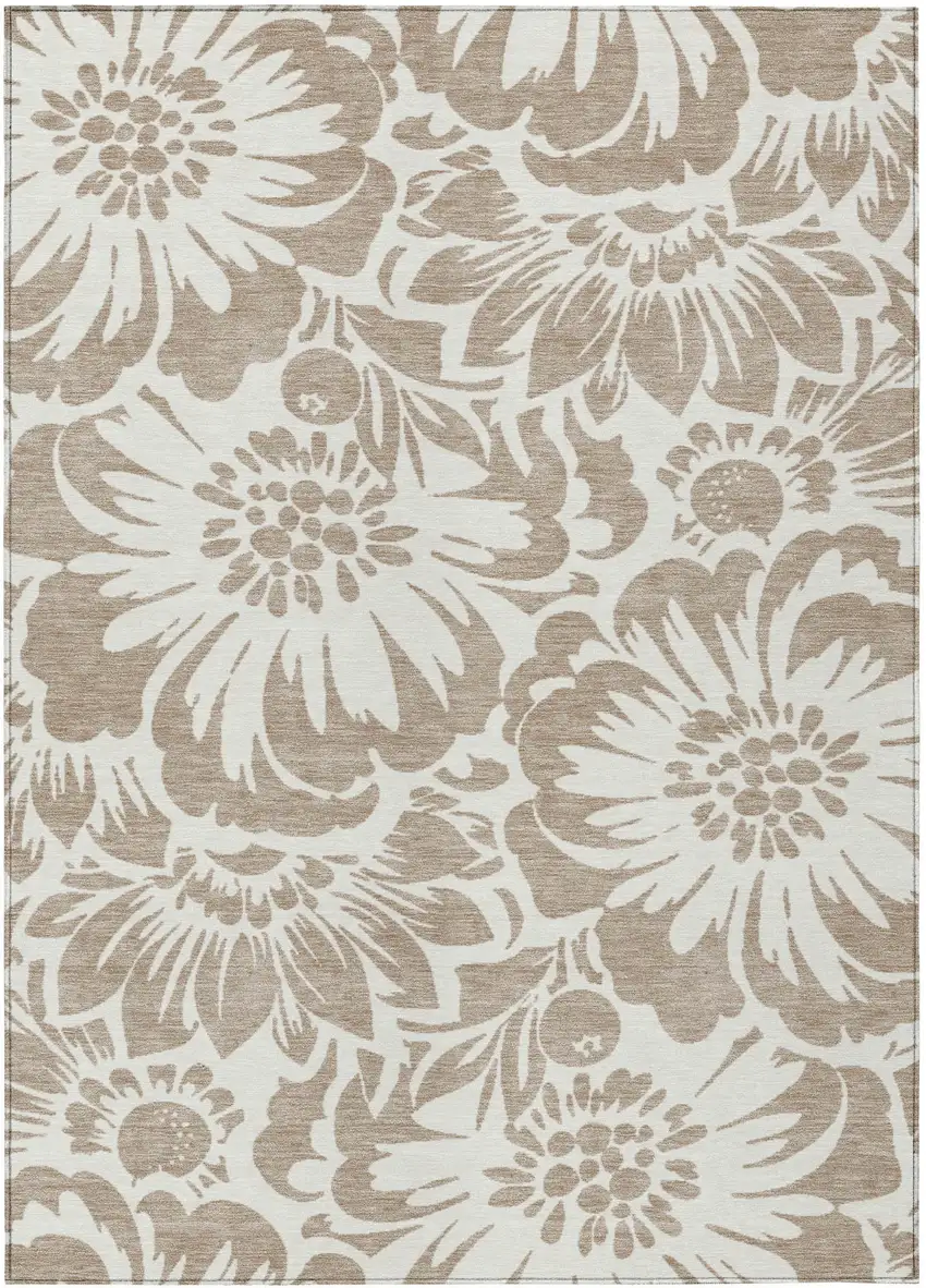 Taupe and Ivory Floral Washable Non Skid Indoor Outdoor Area Rug Photo 1