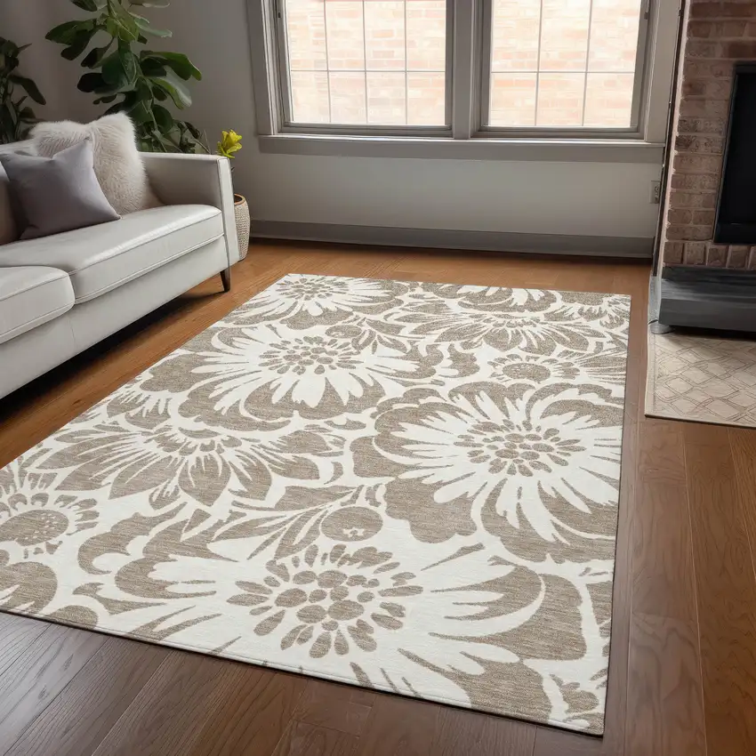 Taupe and Ivory Floral Washable Non Skid Indoor Outdoor Area Rug Photo 6