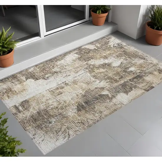 Taupe and Ivory Floral Washable Non Skid Indoor Outdoor Area Rug Photo 1