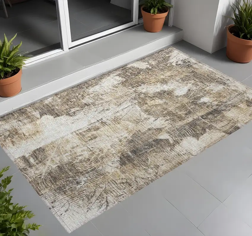 Taupe and Ivory Floral Washable Non Skid Indoor Outdoor Area Rug Photo 1