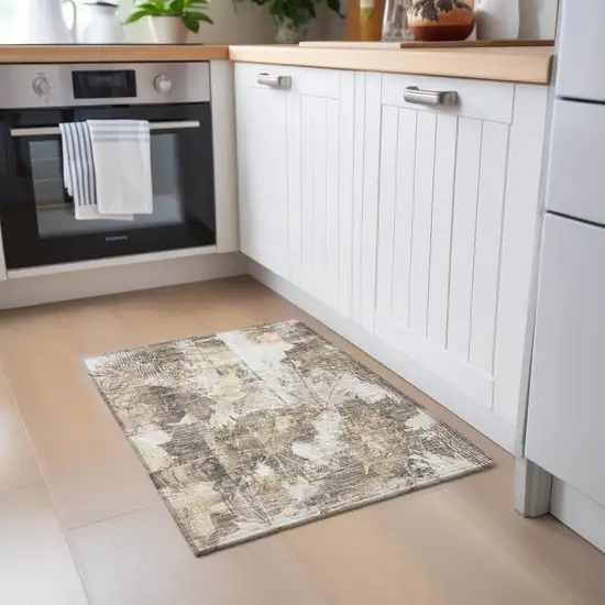 Taupe and Ivory Floral Washable Non Skid Indoor Outdoor Area Rug Photo 9