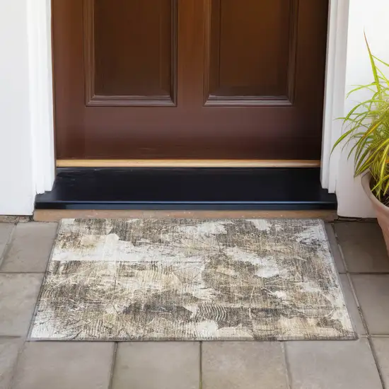 Taupe and Ivory Floral Washable Non Skid Indoor Outdoor Area Rug Photo 8