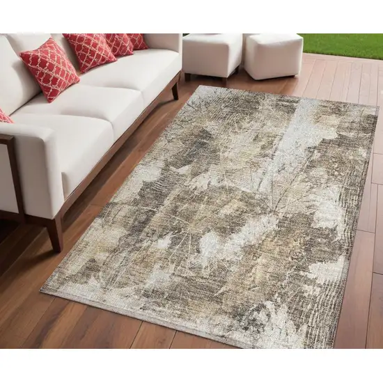 Taupe and Ivory Floral Washable Non Skid Indoor Outdoor Area Rug Photo 1