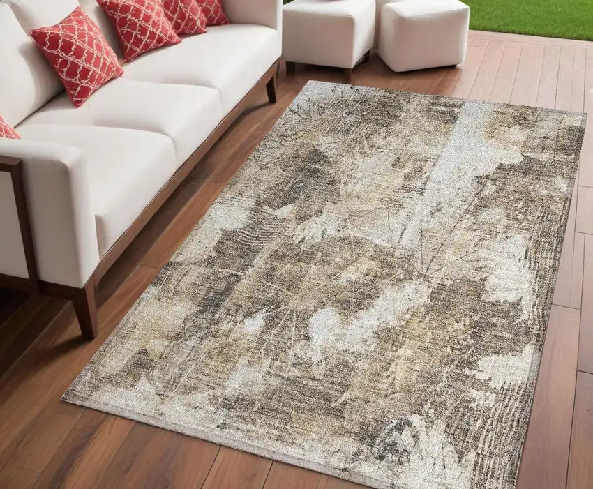 Taupe and Ivory Floral Washable Non Skid Indoor Outdoor Area Rug Photo 1