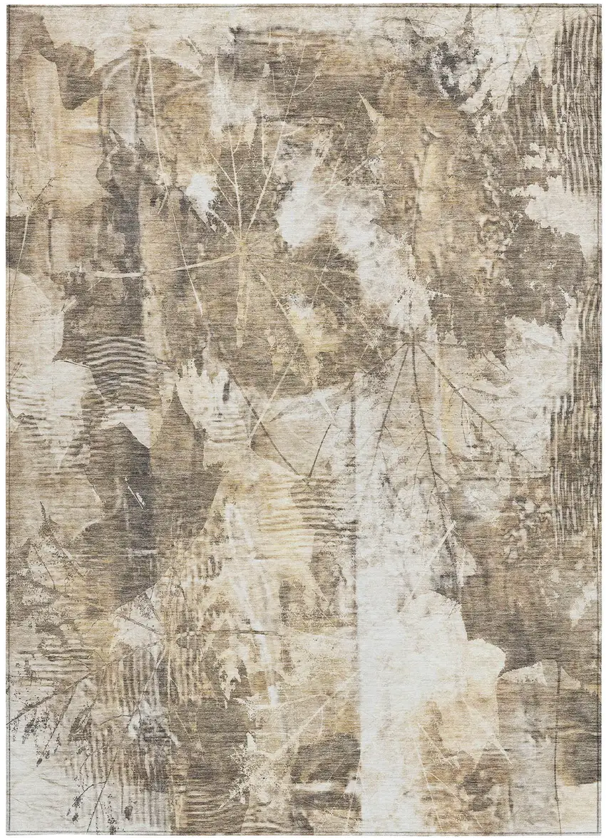 Taupe and Ivory Floral Washable Non Skid Indoor Outdoor Area Rug Photo 4