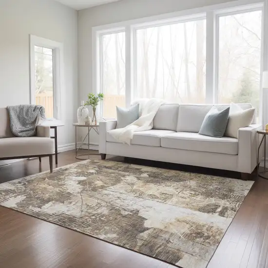 Taupe and Ivory Floral Washable Non Skid Indoor Outdoor Area Rug Photo 9