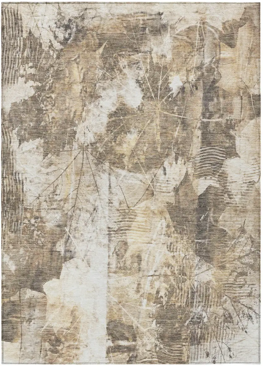 Taupe and Ivory Floral Washable Non Skid Indoor Outdoor Area Rug Photo 2