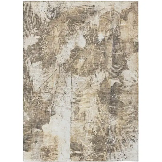 Taupe and Ivory Floral Washable Non Skid Indoor Outdoor Area Rug Photo 2