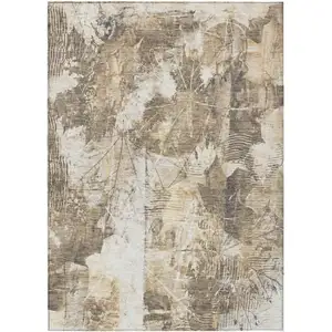 Photo of Taupe and Ivory Floral Washable Non Skid Indoor Outdoor Area Rug