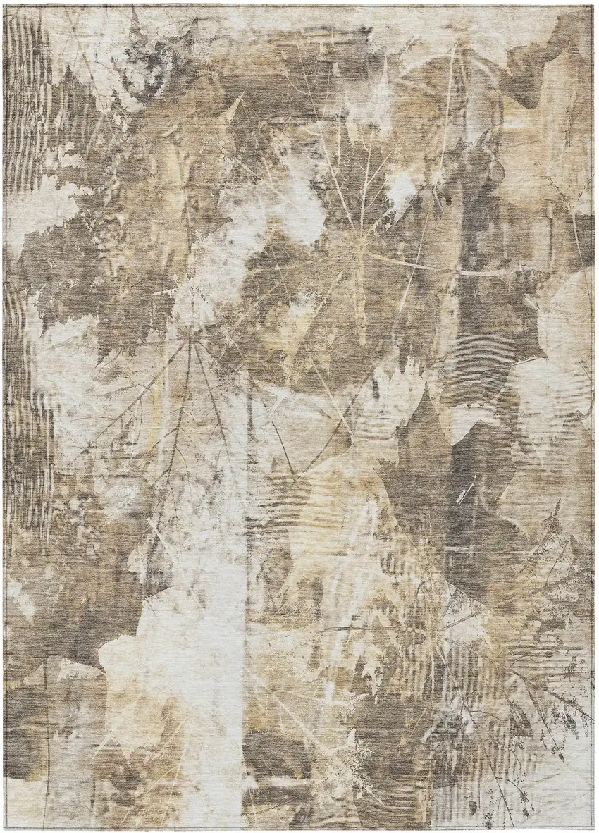 Taupe and Ivory Floral Washable Non Skid Indoor Outdoor Area Rug Photo 2