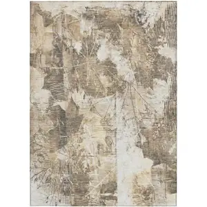 Photo of Taupe and Ivory Floral Washable Non Skid Indoor Outdoor Area Rug