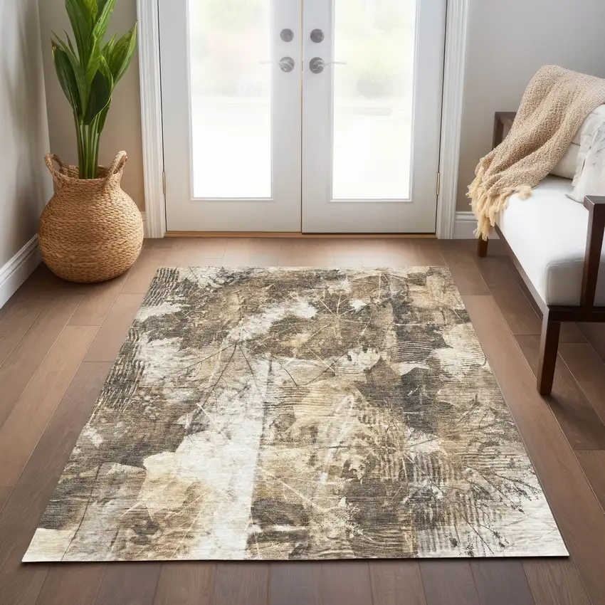 Taupe And Ivory Floral Washable Indoor Outdoor Area Rug Photo 9