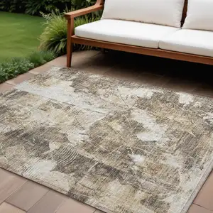 Photo of Taupe and Ivory Floral Washable Non Skid Indoor Outdoor Area Rug