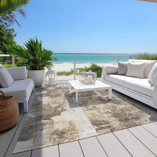 Taupe and Ivory Floral Washable Non Skid Indoor Outdoor Area Rug Photo 8
