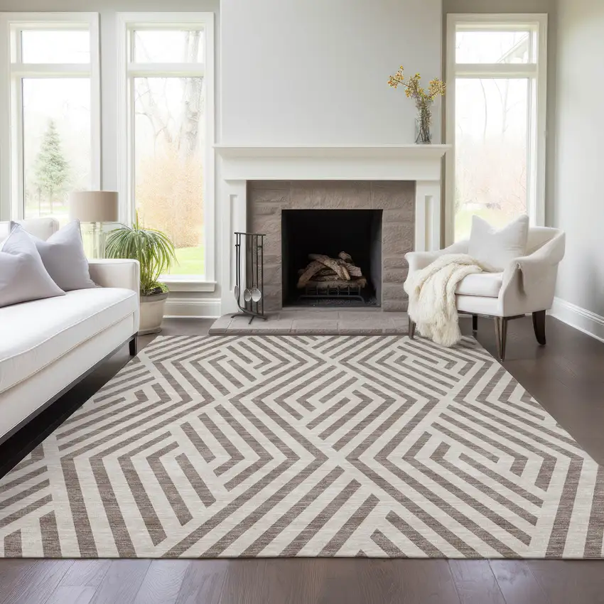 Taupe and Ivory Geometric Washable Non Skid Indoor Outdoor Area Rug Photo 9