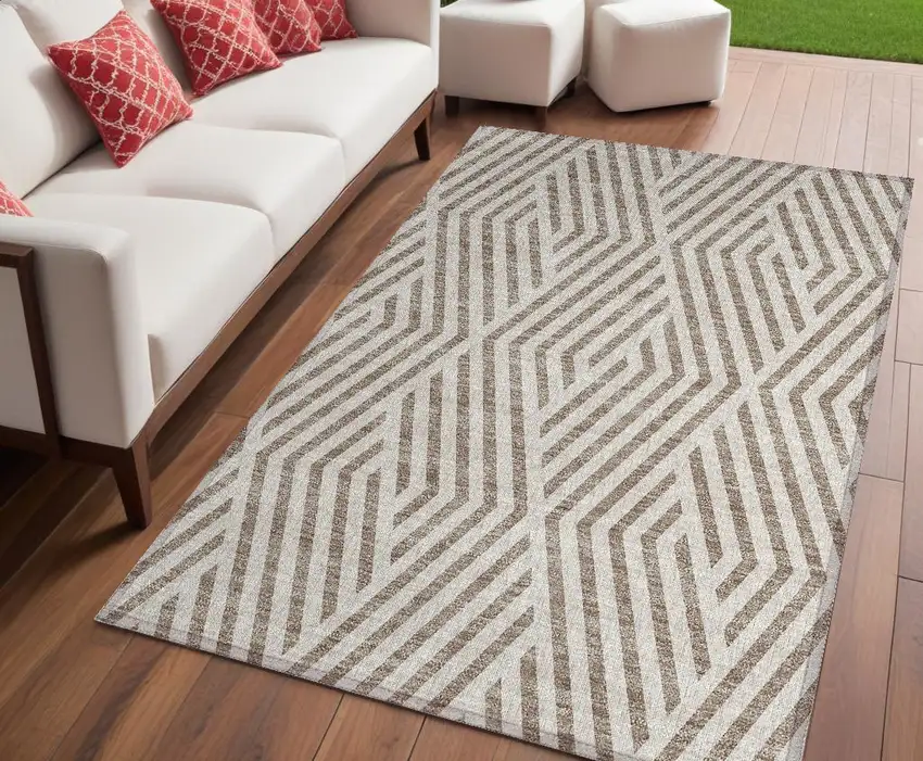 Taupe and Ivory Geometric Washable Non Skid Indoor Outdoor Area Rug Photo 1