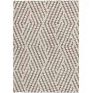 Photo of Taupe and Ivory Geometric Washable Non Skid Indoor Outdoor Area Rug