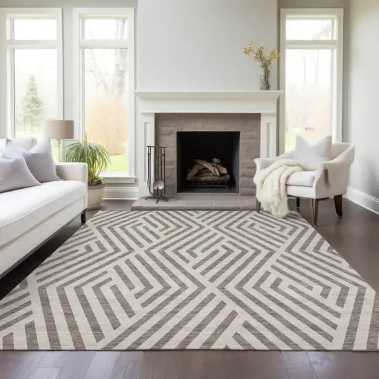 Taupe and Ivory Geometric Washable Non Skid Indoor Outdoor Area Rug Photo 9