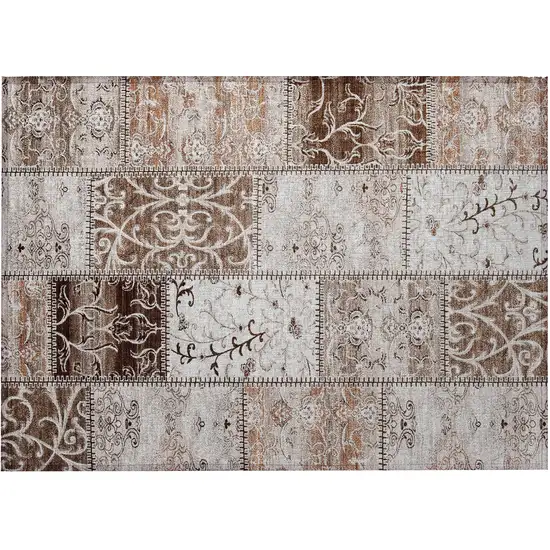 Taupe and Ivory Patchwork Washable Non Skid Indoor Outdoor Area Rug Photo 5